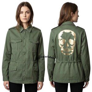 NEW Zadig & Voltaire Kayak Gold Foil Skull Oversized Utility Jacket with Pins